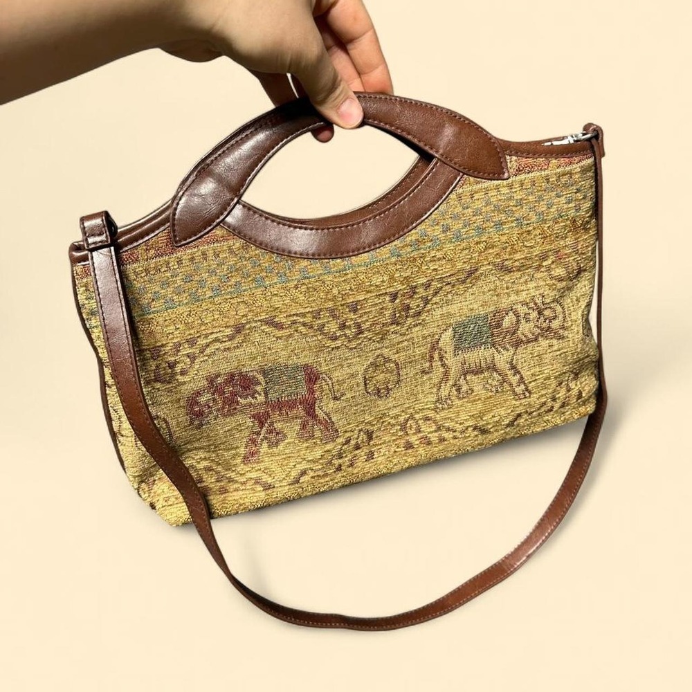 Vintage Marlo Elephant Tapestry Crossbody Bag Medium Brown Boho Kilim Shoulder